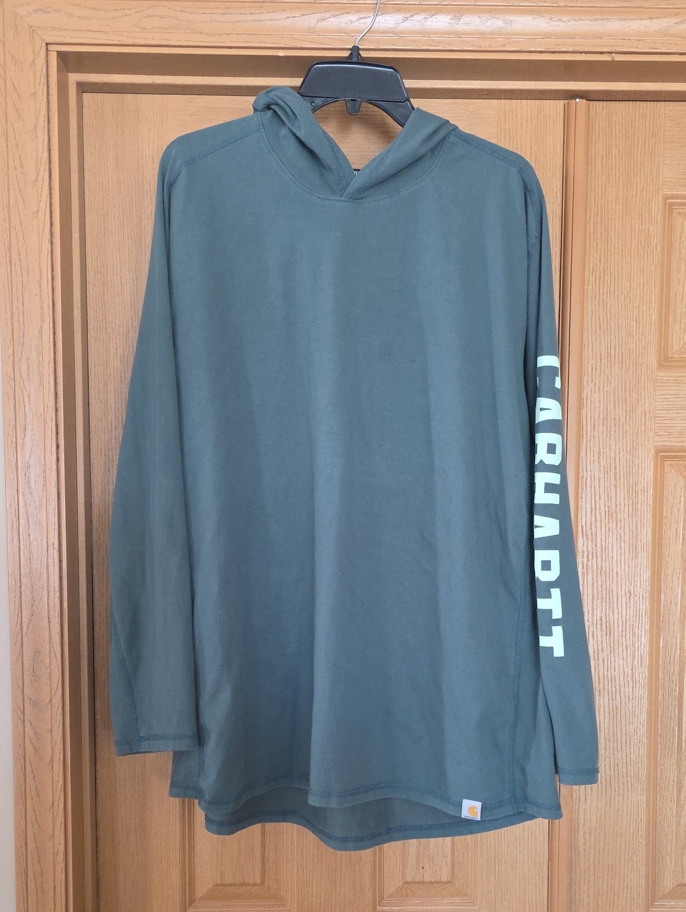 Carhartt Hooded Long Sleeve Tee in Slate Green with Sleeve Logo